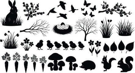 Collection of nature silhouettes featuring animals and plants © mdkamran