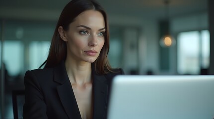 Fototapeta premium A focused Caucasian woman in a sleek black blazer works intently on her laptop in a modern office setting.