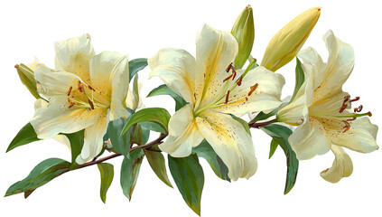 Obraz premium Elegant illustration of a cluster of cream lilies on a stem with leaves, isolated on black