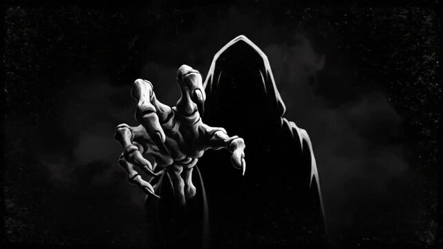A hooded figure holding skeletal hands in a dark, misty environment from a low-angle viewpoint