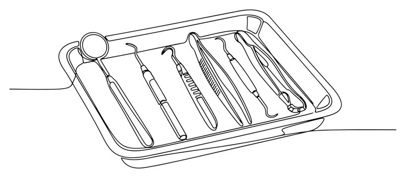 Continuous one line drawing of professional dentist tools on a medical tray