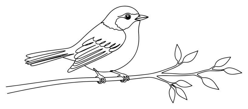 Simple continuous line drawing of a small bird sitting on a tree branch with leaves