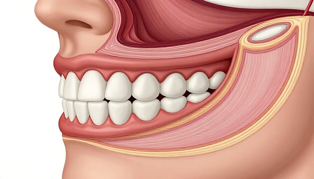 Detailed anatomical illustration of human mouth muscles and teeth