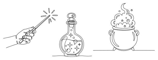Wizardry set featuring hand with magic wand potion bottle and bubbling cauldron in line art © InsomniaVideo