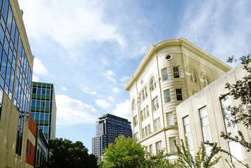 View of Main Street in downtown Durham North Carolina with a mix of modern and classic architecture