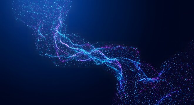 Flowing wave of colorful particles, abstract digital energy stream representing movement and futuristic technology concept.