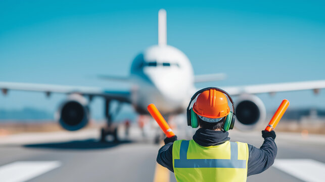 Ground crew member, donned in a bright orange safety vest and protective hard hat, expertly directing a large commercial aircraft on the tarmac using signaling wands