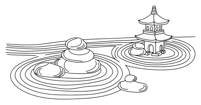 Continuous one line illustration of a japanese zen garden with raked sand and stones