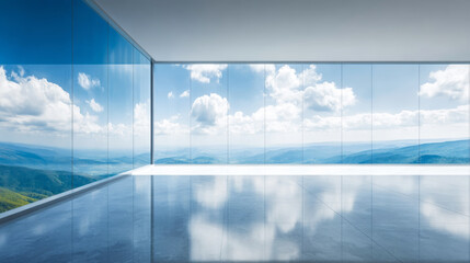 Naklejka premium Empty modern luxurious interior with floor to ceiling windows, reflecting blue sky and clouds on the polished floor, overlooking nature valley