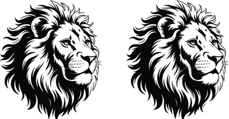 Fototapeta premium Lion head vector illustration, majestic mane artwork, bold black and white design, colorful stylized animal portrait, tattoo logo inspiration, artistic wildlife drawing