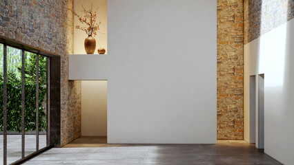 Fototapeta premium Large illustration 3D rendering luxury modern bright interiors Living room mockup with Couch and Ceiling Fan Ventilation