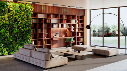 Fototapeta premium Large illustration 3D rendering luxury modern bright interiors Living room mockup with Couch and Ceiling Fan Ventilation