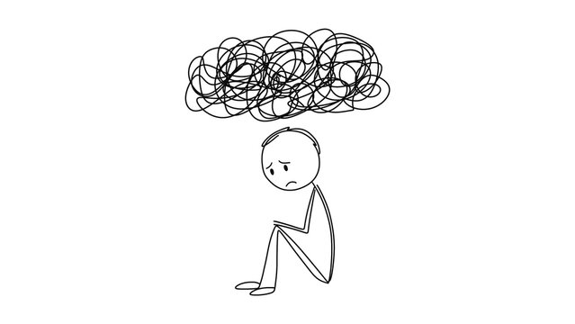 Sad stick figure man with large scribble thought bubble on transparent background. Doodle, mental overload, anxiety, depression. For psychology, health, and emotional wellness designs. PNG