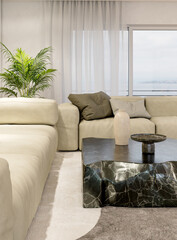 Fototapeta premium Large illustration 3D rendering luxury modern bright interiors Living room mockup with Couch and Ceiling Fan Ventilation