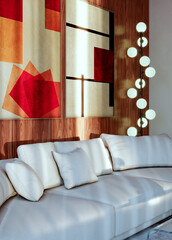 Fototapeta premium Large illustration 3D rendering luxury modern bright interiors Living room mockup with Couch and Ceiling Fan Ventilation