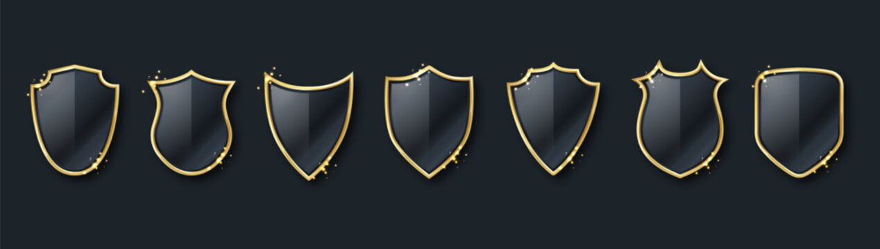 Golden shield emblem with ornate vintage frames and metallic accents, perfect for corporate logos, medieval badges, or luxury brand identity designs with protective symbolism.