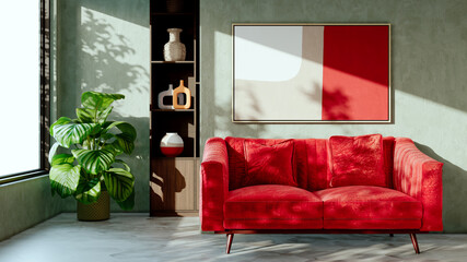 Fototapeta premium Large illustration 3D rendering luxury modern bright interiors Living room mockup with Couch and Ceiling Fan Ventilation