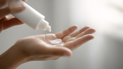 Naklejka premium Individual dispensing a white moisturizing cream onto their palm to nourish dry skin, using a skincare product to achieve soft and smooth hands