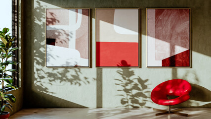 Fototapeta premium Large illustration 3D rendering luxury modern bright interiors Living room mockup with Couch and Ceiling Fan Ventilation