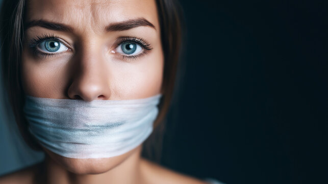 Woman gagged with tape, concept of censorship, silenced mouth, unable to speak, victim of oppression and violence