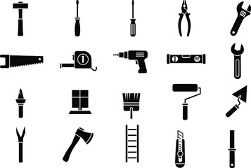 Fototapeta premium Collection of various black tool icons and silhouettes for construction and home repair.