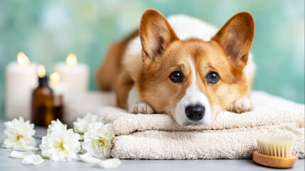 Corgi dog resting comfortably on stacked towels with lit candles and essential oils, creating a serene and pampered pet wellness scene