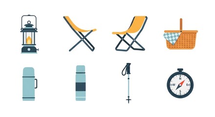 Fototapeta premium Camping and outdoor adventure equipment illustrations on white background