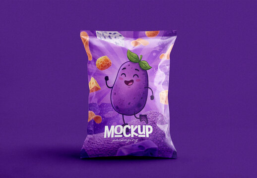 Potato Chips Snack Pouch Packaging Mockup with Cartoon Character and Editable Background