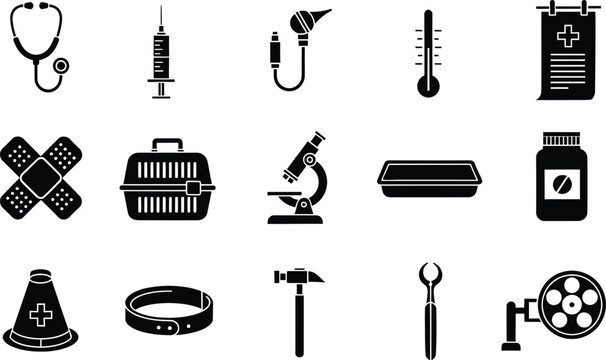 Collection of black and white veterinary and medical icons on a white background