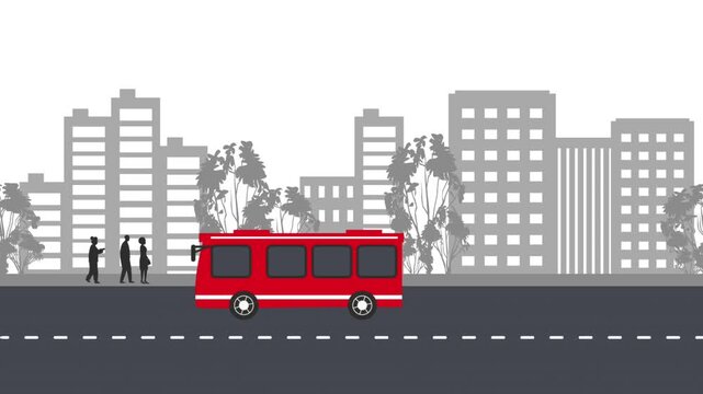 Public Transportation Animation. Red Bus Drives and Picks Up Passengers at Stops. City Street. Bus, People, Road, Buildings Silhouettes. Loop Video in Gray, Black, Red, White