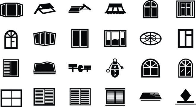 A collection of various black and white window and architectural element icons on white background.