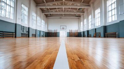 Empty gymnasium interior featuring polished wooden floor, central line, basketball hoop, and bright natural light