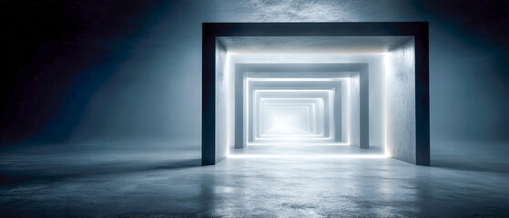 Abstract secure folder corridor with repeating frames fading into depth and distant light