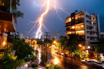 Naklejka premium Striking Lightning During Vivid Tropical Rainstorm in Cityscape