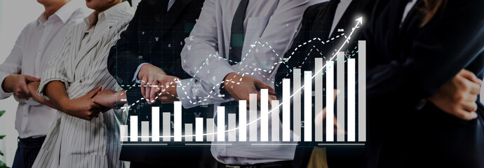 A united group of professionals stands confidently with arms crossed in an office setting, overlaid with a dynamic data visualization emphasizing growth and success. Axiom © InfiniteFlow