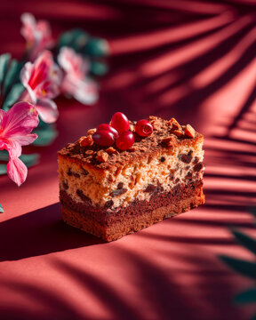 Easter card with traditional pascha cake topped with cherries on rich matte burgundy background