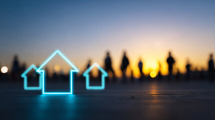 Glowing houses outlines representing future urban planning and community living with people silhouettes at sunset