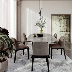 Fototapeta premium Large illustration 3D rendering luxury modern bright interiors Living room mockup with Couch and Ceiling Fan Ventilation