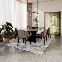 Fototapeta premium Large illustration 3D rendering luxury modern bright interiors Living room mockup with Couch and Ceiling Fan Ventilation