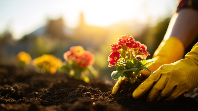 Hands in yellow gardening gloves planting red primroses in fertile soil during a vibrant golden hour sunset
