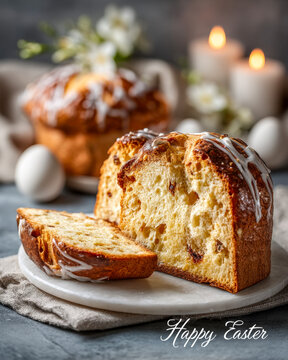 Sliced Easter pascha cake with icing glaze on marble surface for festive greeting card