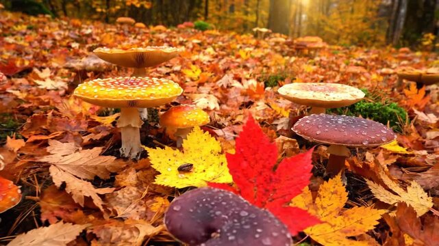 Vibrant fall foliage surrounds various fungi on the forest ground