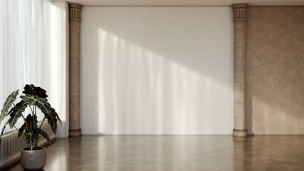 Fototapeta premium Large illustration 3D rendering luxury modern bright interiors Living room mockup with Couch and Ceiling Fan Ventilation