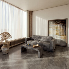 Fototapeta premium Large illustration 3D rendering luxury modern bright interiors Living room mockup with Couch and Ceiling Fan Ventilation