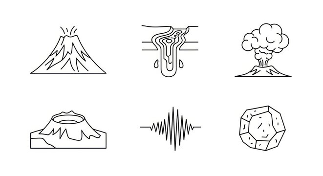 Volcano eruption and geological icons set illustration for educational purposes