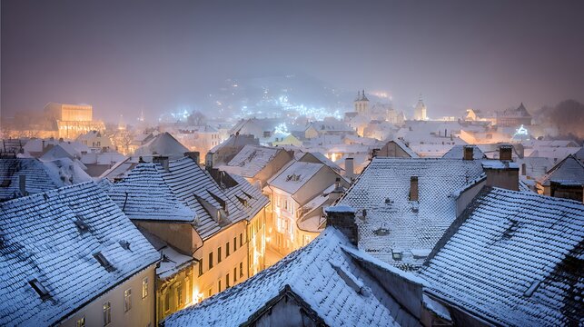Snow-covered rooftops and illuminated cityscape in a winter wonderland