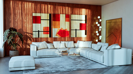 Fototapeta premium Large illustration 3D rendering luxury modern bright interiors Living room mockup with Couch and Ceiling Fan Ventilation