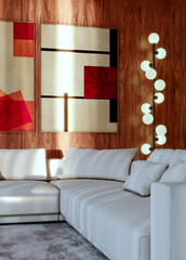 Fototapeta premium Large illustration 3D rendering luxury modern bright interiors Living room mockup with Couch and Ceiling Fan Ventilation