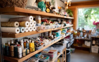 Warm Evening Craft Storage Area Featuring Organized Supplies and Abundant Light