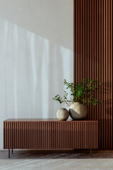 Fototapeta premium Large illustration 3D rendering luxury modern bright interiors Living room mockup with Couch and Ceiling Fan Ventilation